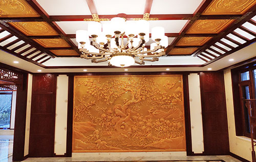 东风中式别墅客厅中式木作横梁吊顶装饰展示